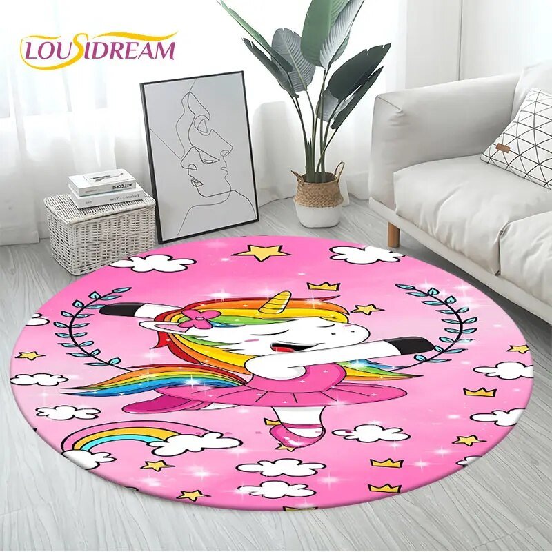 3D Unicorn Cartoon Area Rug - Large Round Non-Slip Mat for Kids