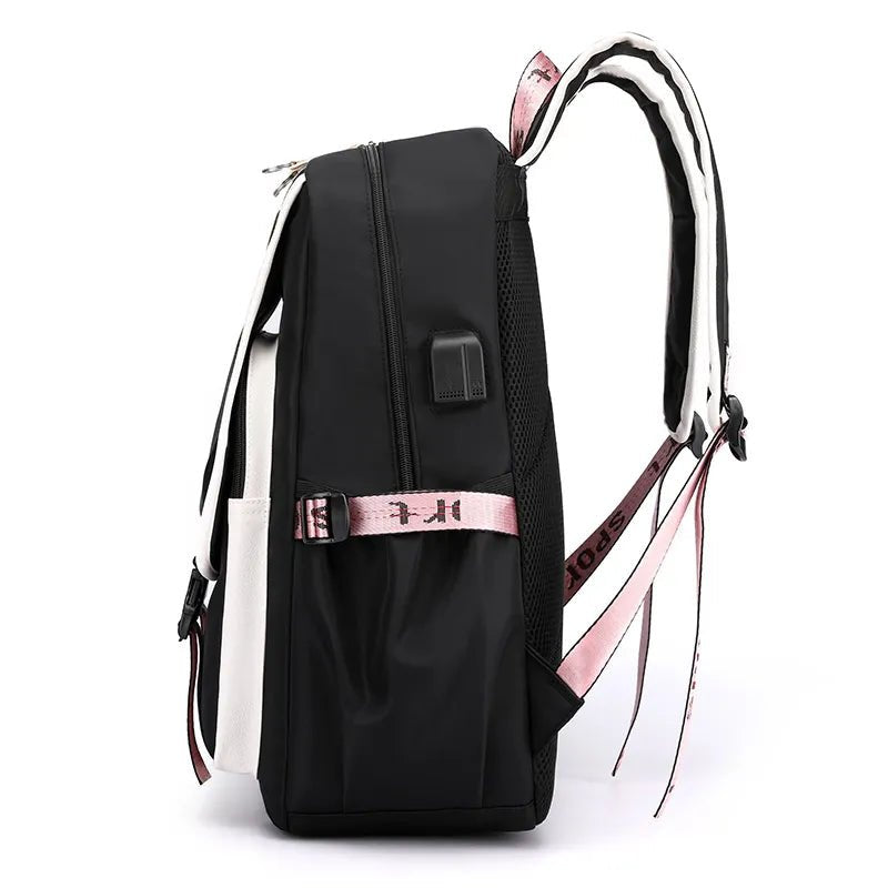 Large USB Canvas School Bag for Teenage Girls: Fashionable Black Pink Backpack