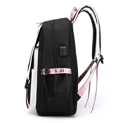 Large USB Canvas School Bag for Teenage Girls: Fashionable Black Pink Backpack