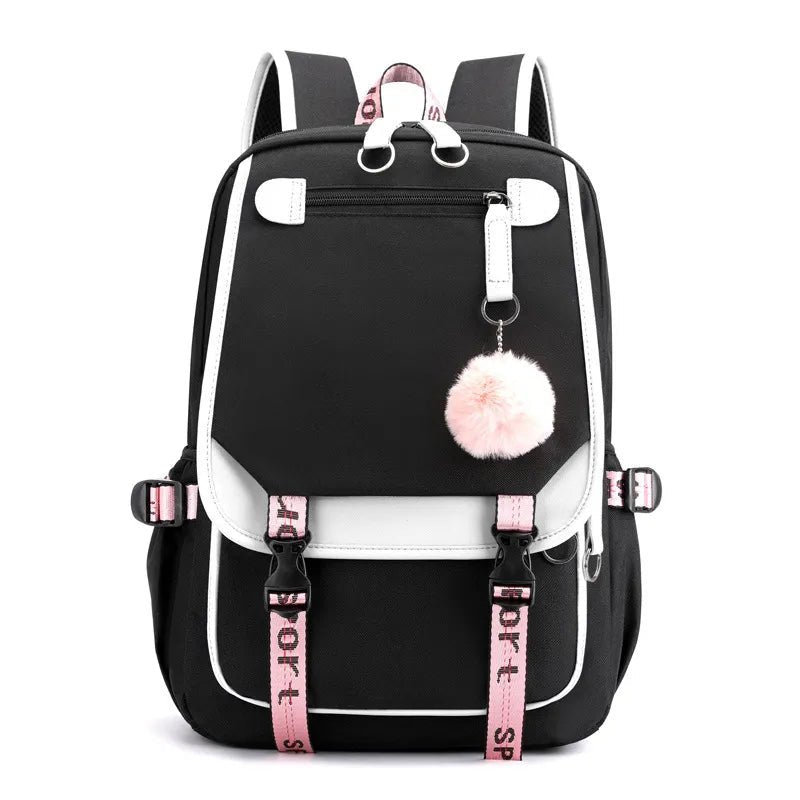 Large USB Canvas School Bag for Teenage Girls: Fashionable Black Pink Backpack