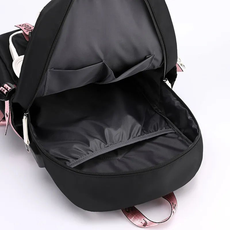 Large USB Canvas School Bag for Teenage Girls: Fashionable Black Pink Backpack