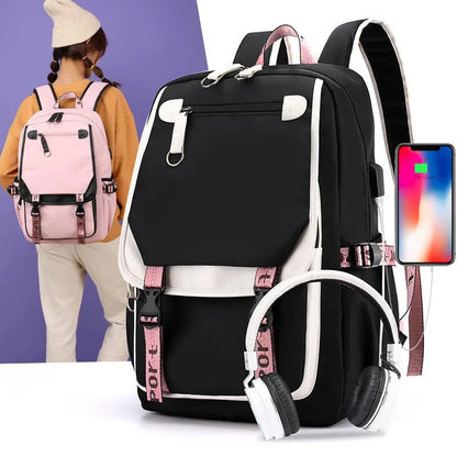 Large USB Canvas School Bag for Teenage Girls: Fashionable Black Pink Backpack
