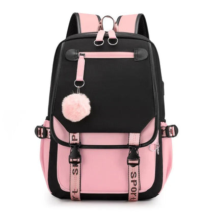 Large USB Canvas School Bag for Teenage Girls: Fashionable Black Pink Backpack