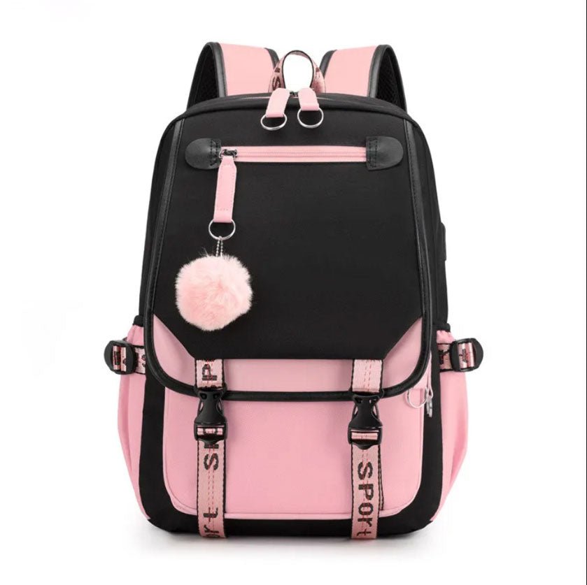 Large USB Canvas School Bag for Teenage Girls: Fashionable Black Pink Backpack