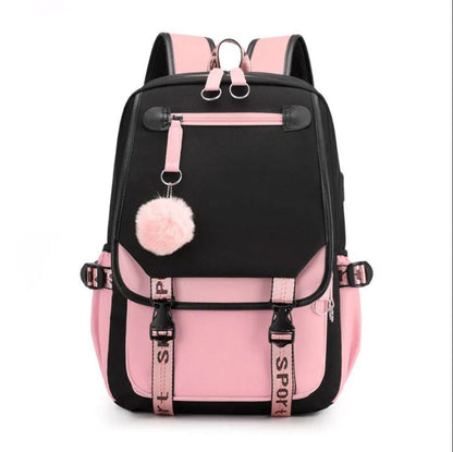Large USB Canvas School Bag for Teenage Girls: Fashionable Black Pink Backpack