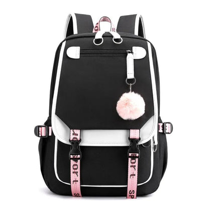 Large USB Canvas School Bag for Teenage Girls: Fashionable Black Pink Backpack