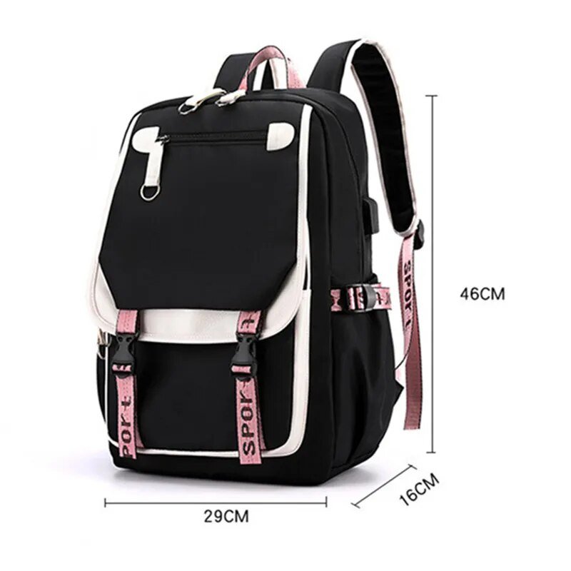 Large USB Canvas School Bag for Teenage Girls: Fashionable Black Pink Backpack