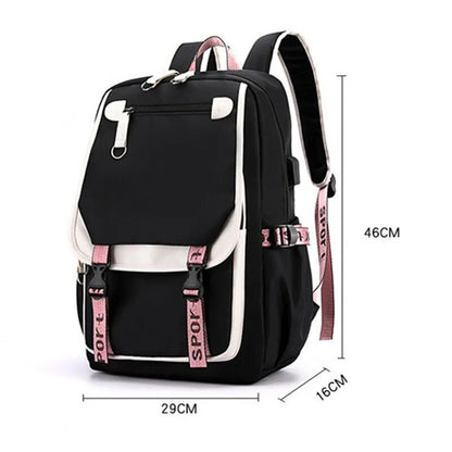 Large USB Canvas School Bag for Teenage Girls: Fashionable Black Pink Backpack