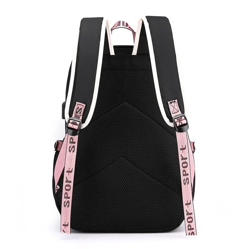 Large USB Canvas School Bag for Teenage Girls: Fashionable Black Pink Backpack