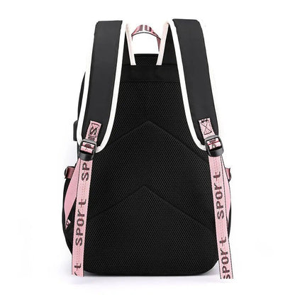 Large USB Canvas School Bag for Teenage Girls: Fashionable Black Pink Backpack