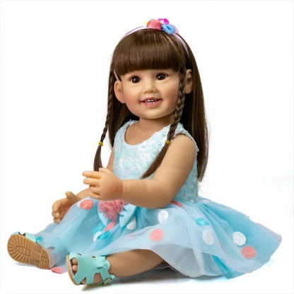 55CM Reborn Toddler Fashion Doll - Blue Skirt, Soft Silicone, Lifelike