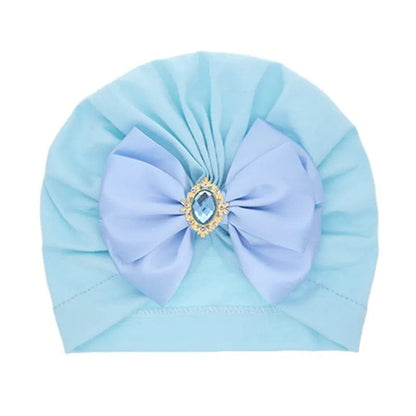 Shiny Rhinestone Bowknot Baby Turban - Soft Cotton Cap