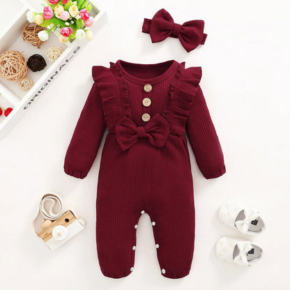 0-3M Baby Girl Outfit: Long-sleeve Romper & Headband Set