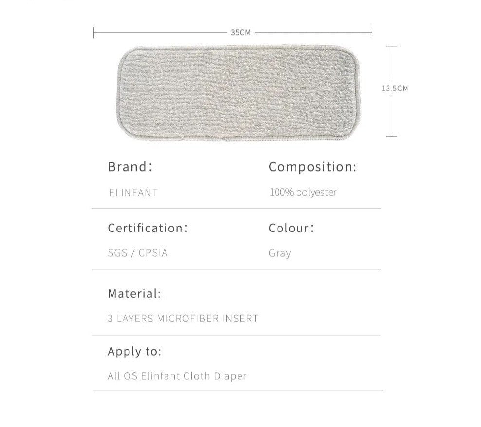 Elinfant 3-Layer Gray Microfiber Diaper Inserts (4/8/10pcs)