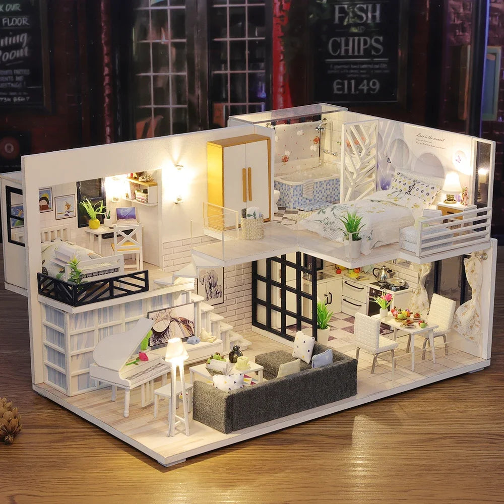 DIY Wooden Miniature Dollhouse Kit with LED & Furniture (1:24)