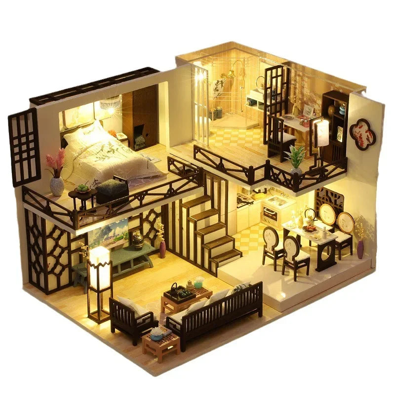 DIY Wooden Miniature Dollhouse Kit with LED & Furniture (1:24)