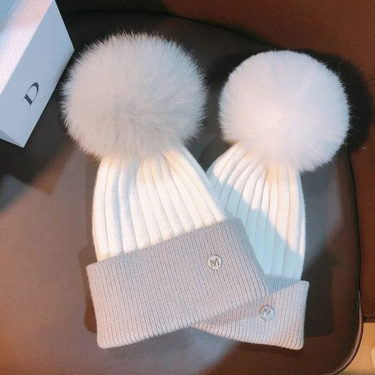 Natural Mink Pom Pom Beanie - Wool, Ear Protection, Kids