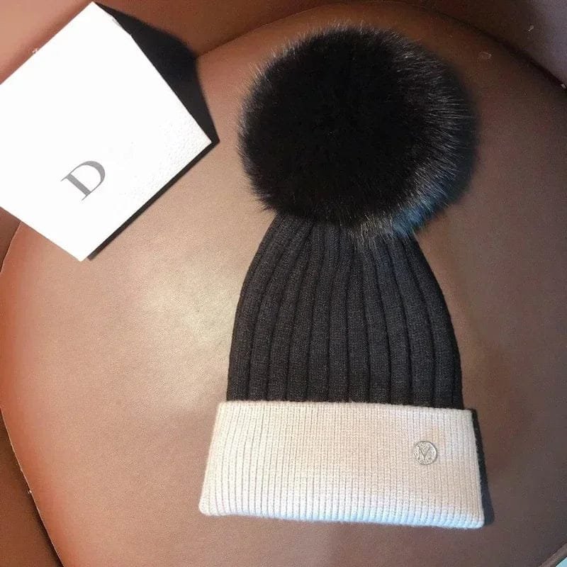 Natural Mink Pom Pom Beanie - Wool, Ear Protection, Kids