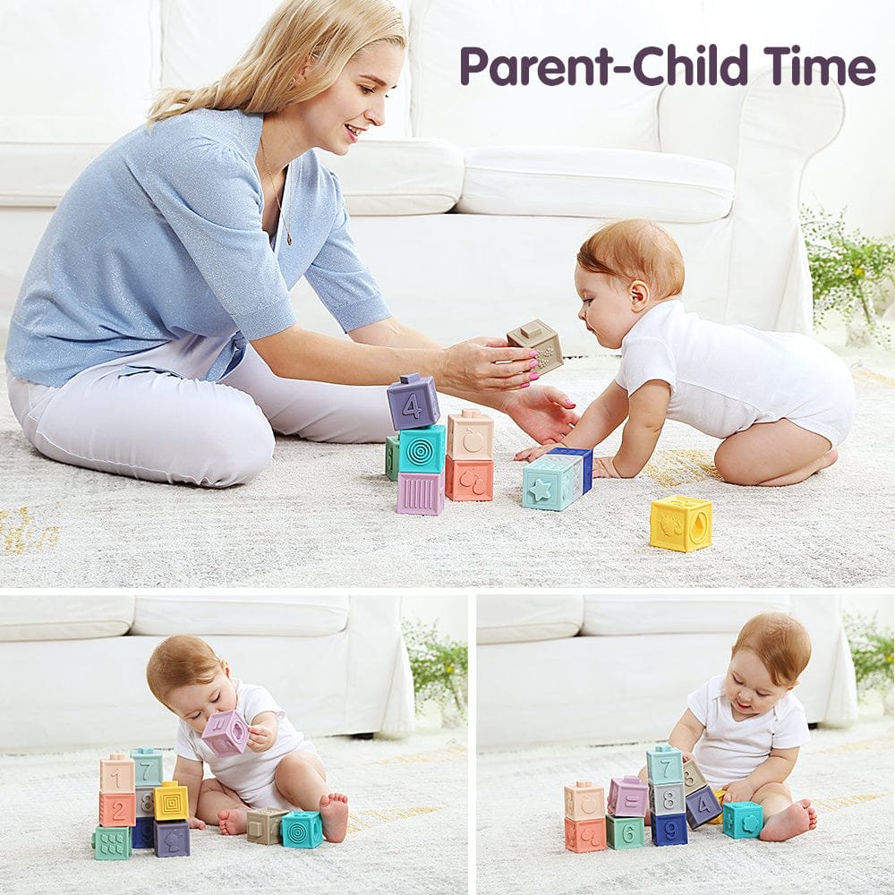 12-Piece Baby Grasp Toy Building Blocks (Soft, Squeezable, Bath-Safe)