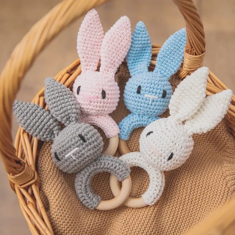 Wooden Baby Rattle & Teether - Crochet Animal Designs