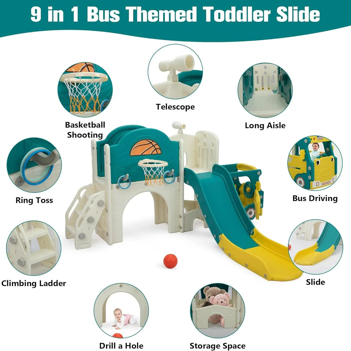 9-in-1 Bus-Themed Toddler Slide & Climber Playset