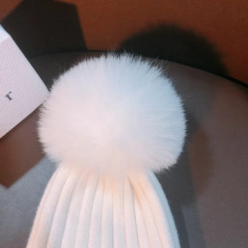 Natural Mink Pom Pom Beanie - Wool, Ear Protection, Kids