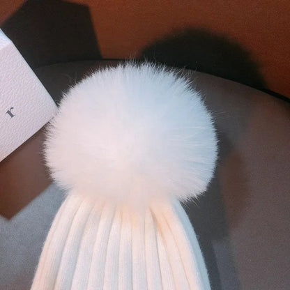 Natural Mink Pom Pom Beanie - Wool, Ear Protection, Kids
