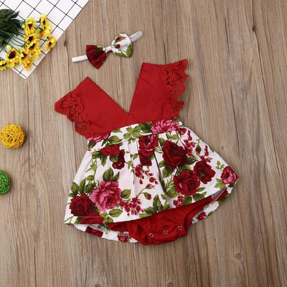 0-24M Princess Romper: Floral & Lace with Headband for Summer