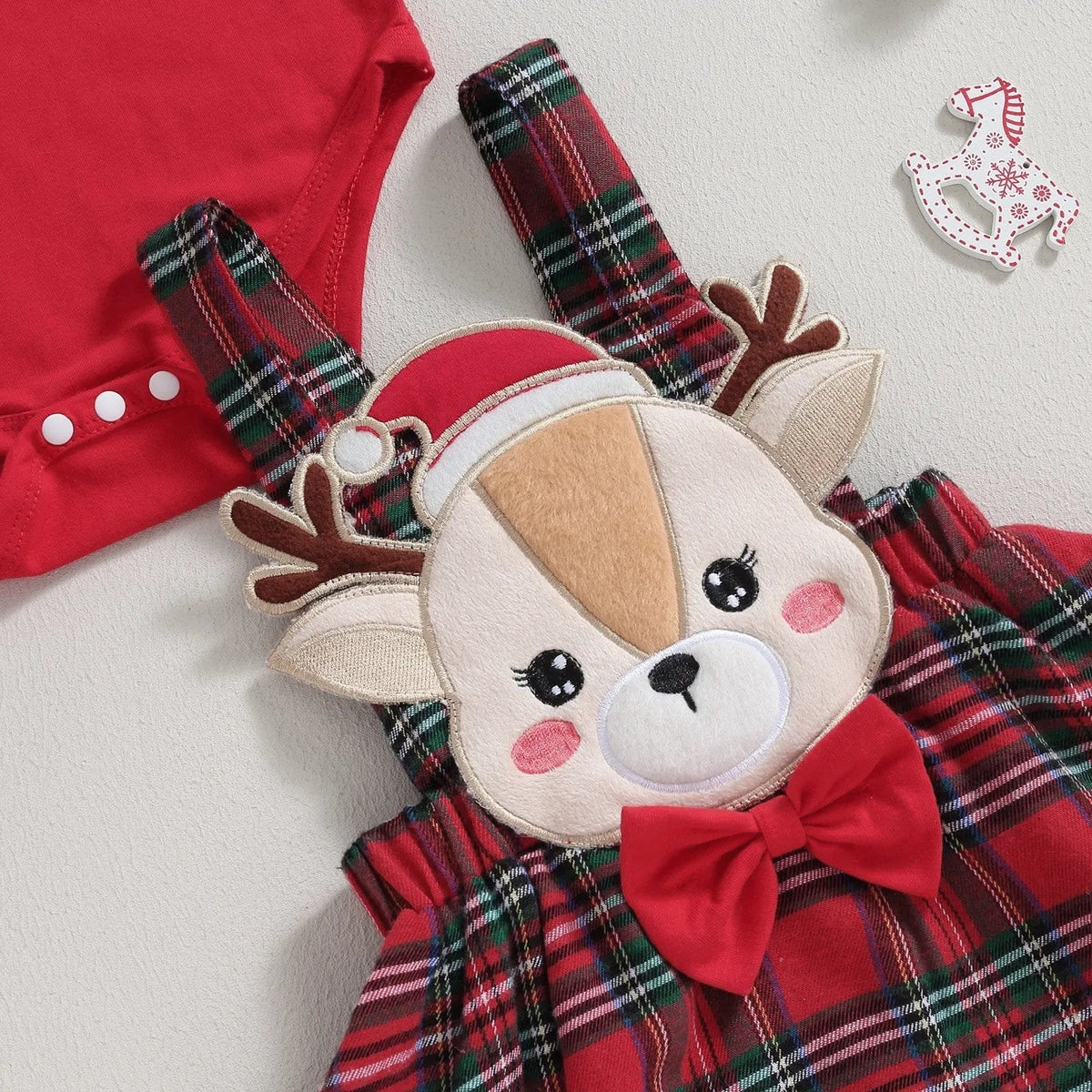0-18M Xmas Set: Knit Red Romper, Plaid Skirt & Headband
