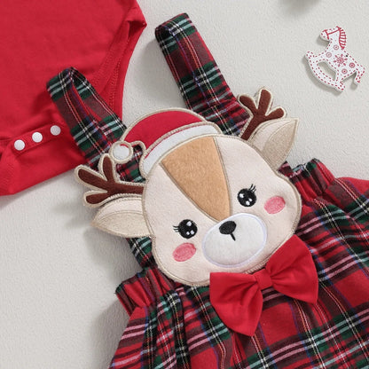 0-18M Xmas Set: Knit Red Romper, Plaid Skirt & Headband