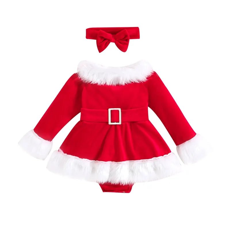 3-24M XMAS Outfit: Velvet Romper Dress & Headband for Babies