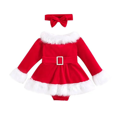 3-24M XMAS Outfit: Velvet Romper Dress & Headband for Babies