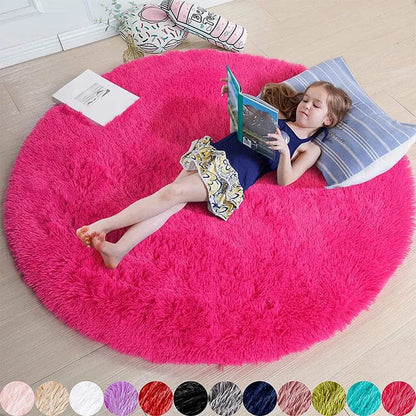 Soft Shaggy Fluffy Round Rug - Pink & White, Bedroom & Play Mat