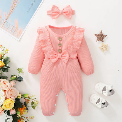 0-3M Baby Girl Outfit: Long-sleeve Romper & Headband Set
