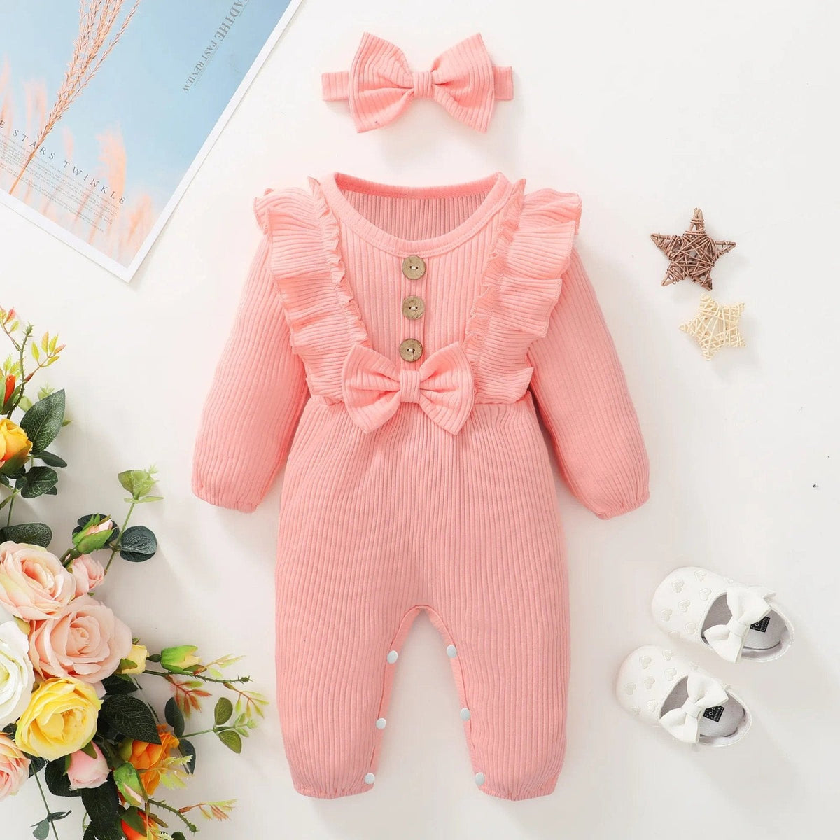 0-3M Baby Girl Outfit: Long-sleeve Romper & Headband Set