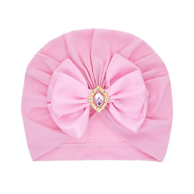 Shiny Rhinestone Bowknot Baby Turban - Soft Cotton Cap