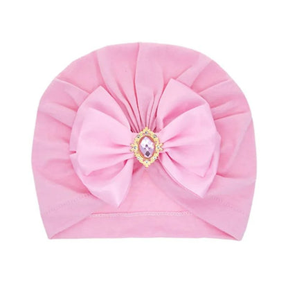 Shiny Rhinestone Bowknot Baby Turban - Soft Cotton Cap