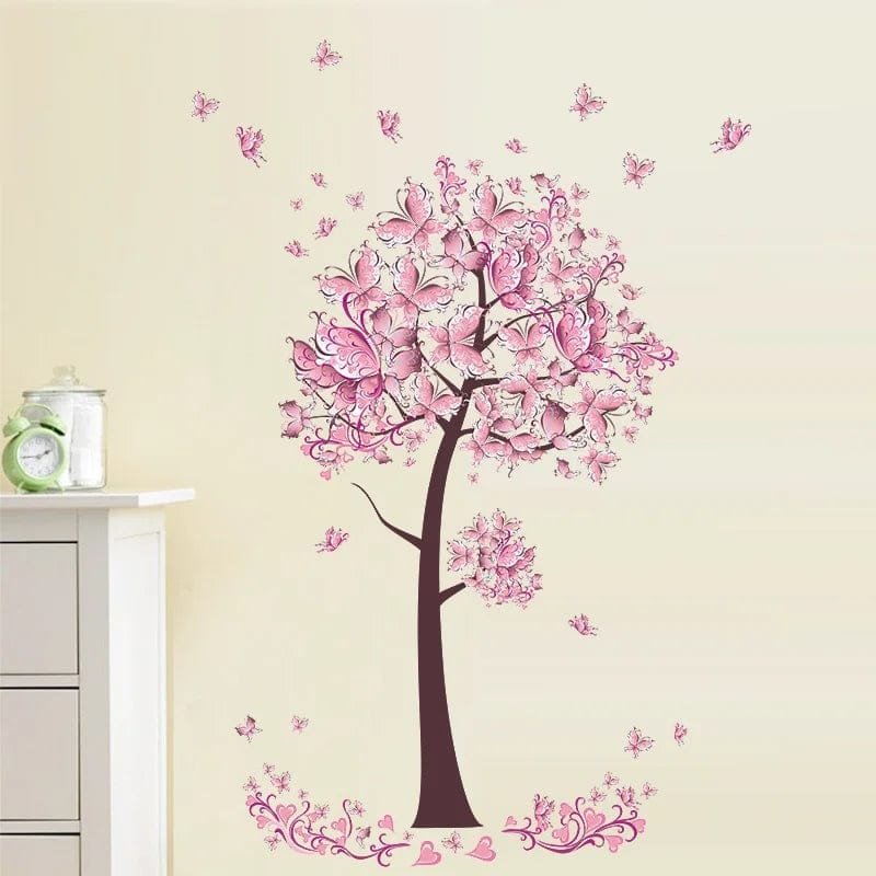 Pink Butterfly Flower Tree Wall Decals - Vinyl Mural