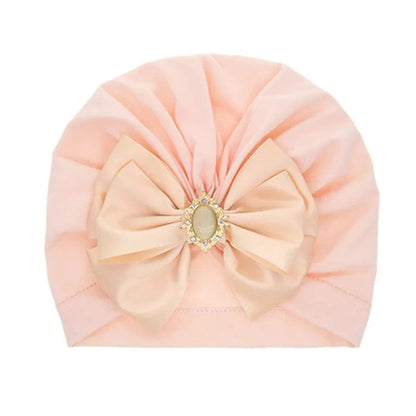 Shiny Rhinestone Bowknot Baby Turban - Soft Cotton Cap