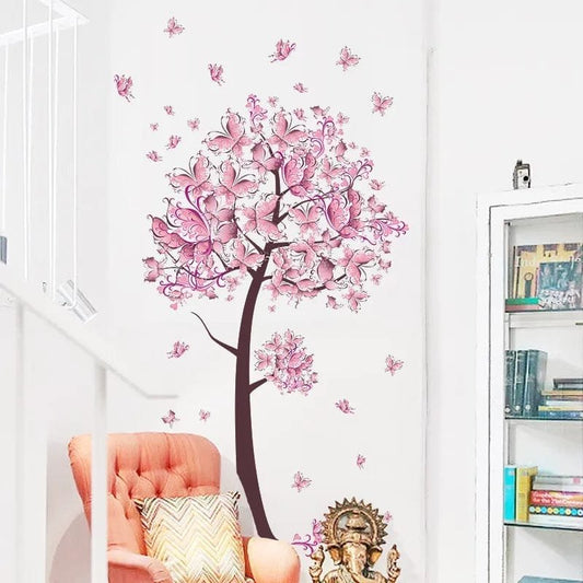 Pink Butterfly Flower Tree Wall Decals - Vinyl Mural