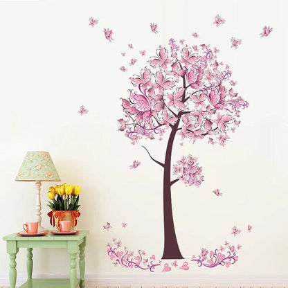 Pink Butterfly Flower Tree Wall Decals - Vinyl Mural