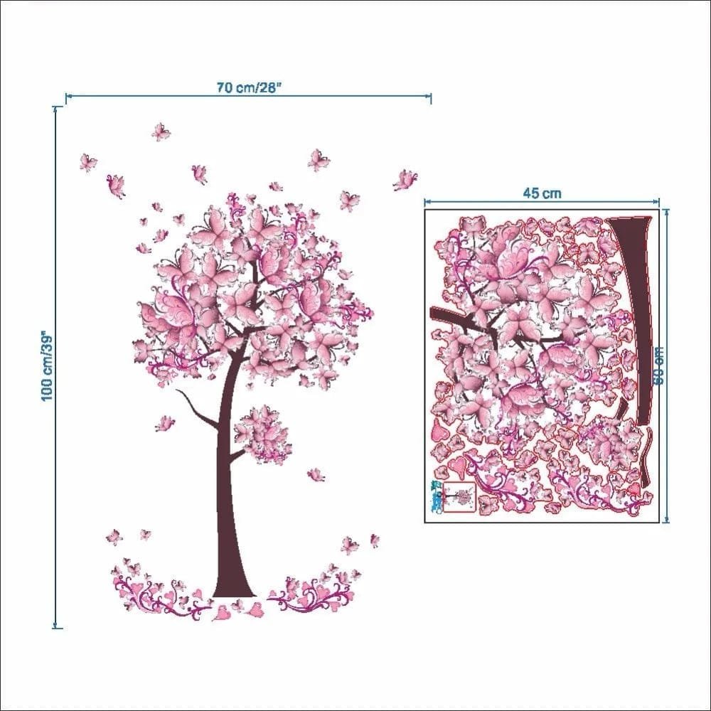 Pink Butterfly Flower Tree Wall Decals - Vinyl Mural