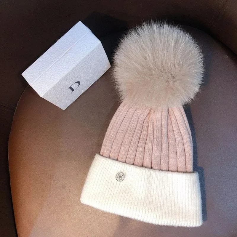 Natural Mink Pom Pom Beanie - Wool, Ear Protection, Kids