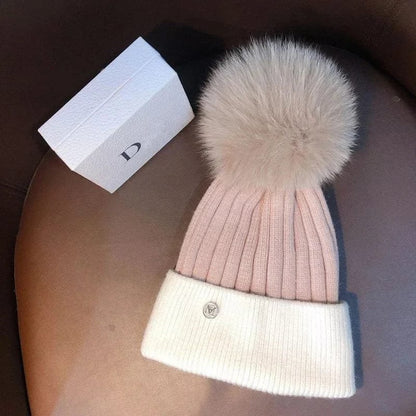 Natural Mink Pom Pom Beanie - Wool, Ear Protection, Kids