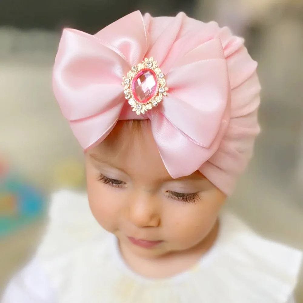 Shiny Rhinestone Bowknot Baby Turban - Soft Cotton Cap