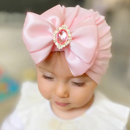 Shiny Rhinestone Bowknot Baby Turban - Soft Cotton Cap