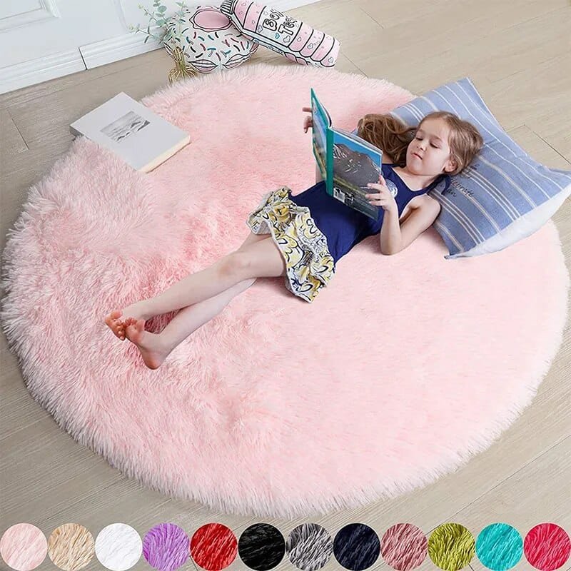 Soft Shaggy Fluffy Round Rug - Pink & White, Bedroom & Play Mat