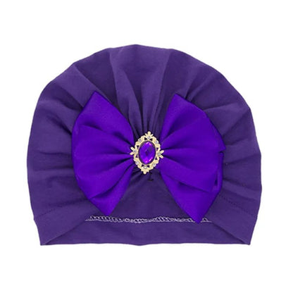 Shiny Rhinestone Bowknot Baby Turban - Soft Cotton Cap