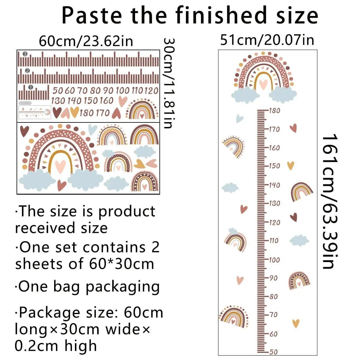 Pink Rainbow Kids Growth Chart - Wall Sticker Measure Art
