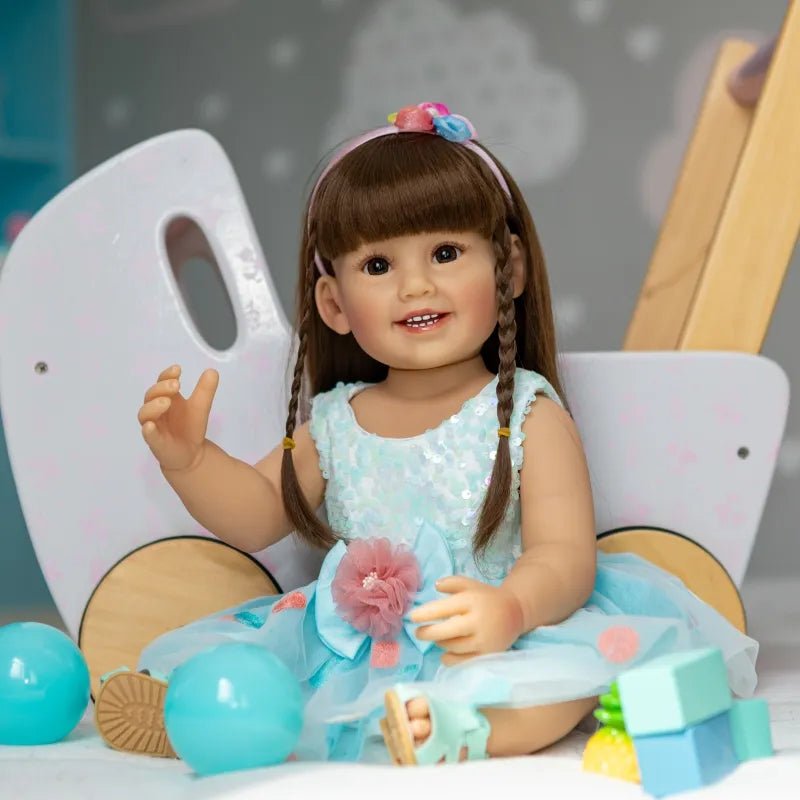 55CM Reborn Toddler Fashion Doll - Blue Skirt, Soft Silicone, Lifelike